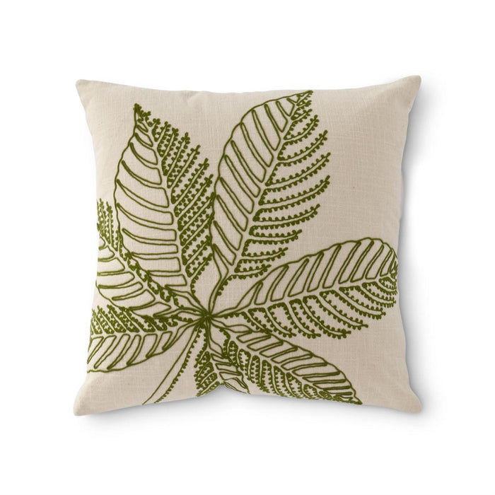 K&K Interiors - Cream Pillow w/Green Embroidered Tropical Leaves