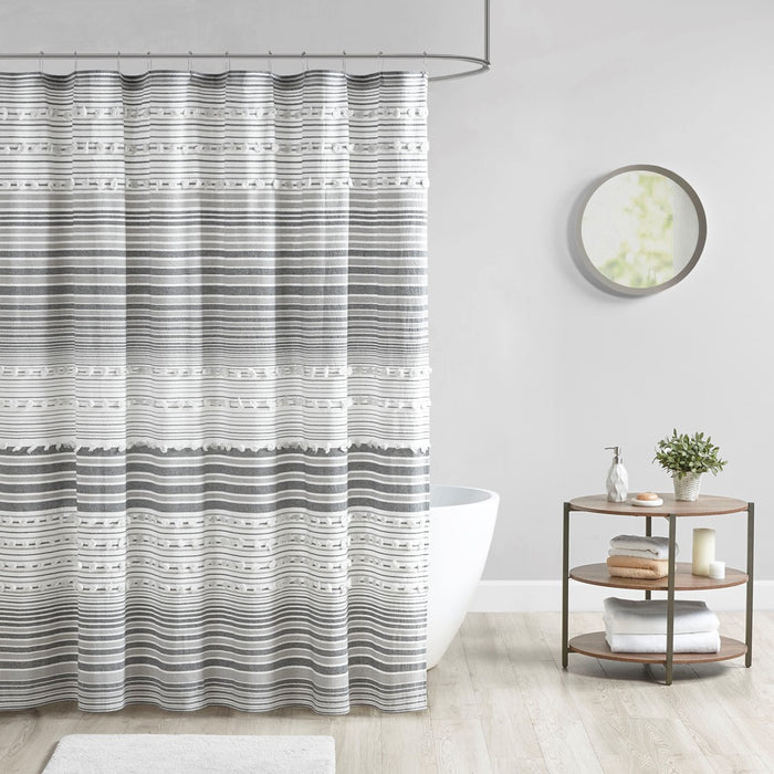 Olliix - Pom Pom Stripe Shower Curtain, Black/Grey