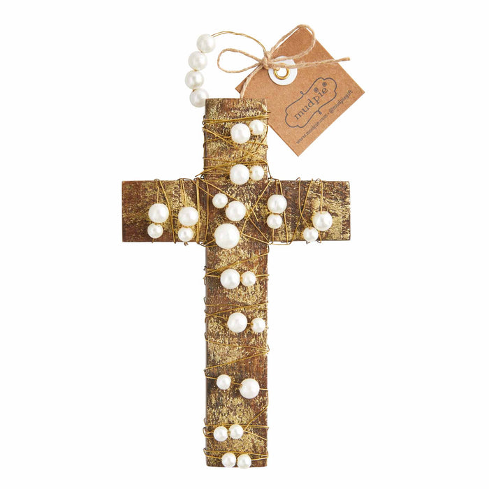 Mud Pie - Gold Pearl Wood Cross Ornament