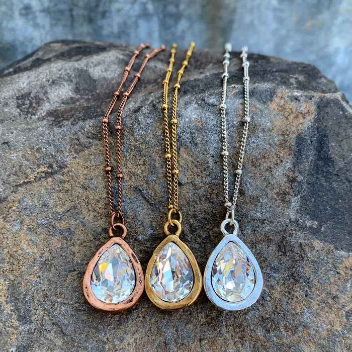 Buffalo Girls Salvage - Clear Pear Shaped Crystal Drop Necklaces