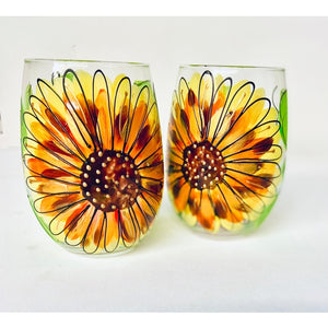 Leslie Hand Painted Glass - Sunflower Stemless Wine Glass (21oz)