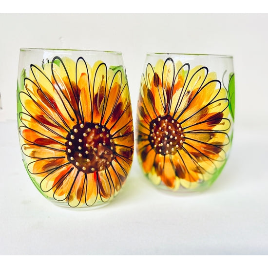 Leslie Hand Painted Glass - Sunflower Stemless Wine Glass (21oz)