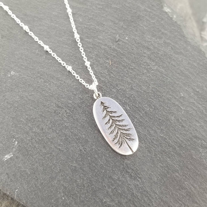 Elizabeth Jewelry - Etched Tree Silver Oval Pendant Necklace