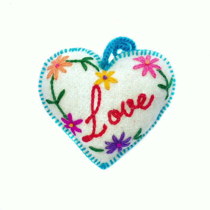 Ornaments 4 Orphans - Love White Embroidered Heart Wool Christmas Ornament