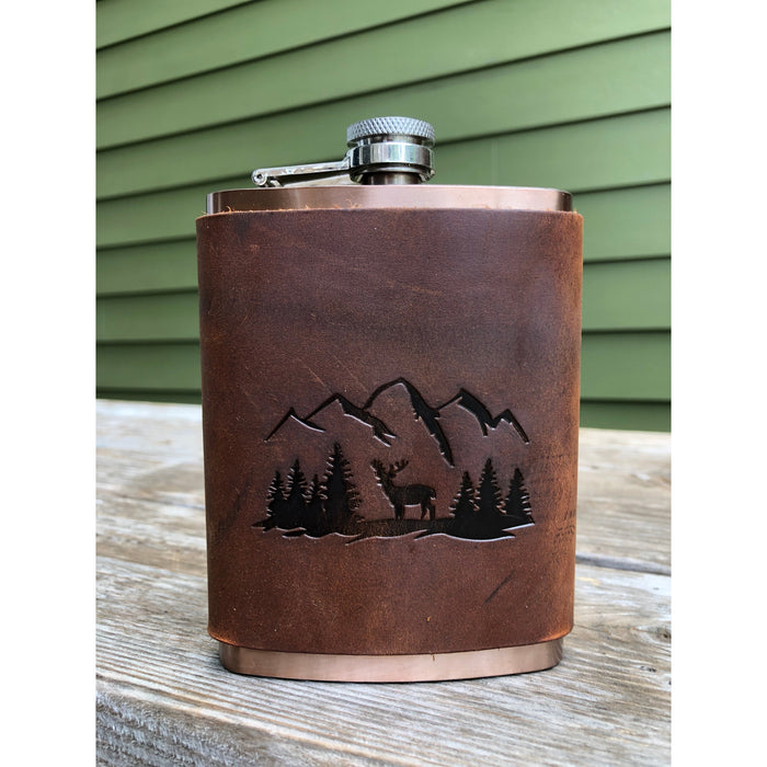 Jimmyrockit - Mountains and Elk Leather Wrapped Copper Coated Flask